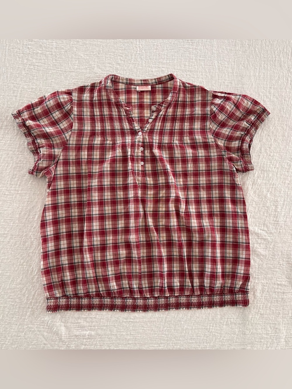 Mossimo Women’s Small Red White Plaid Short-Sleeve 3/4 Button Neck Cotton Top